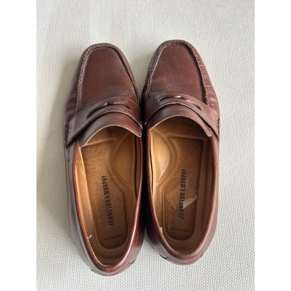 Johnston & Murphy Brown Leather Penny Loafers Sheepskin Lining Mens Dress Shoes